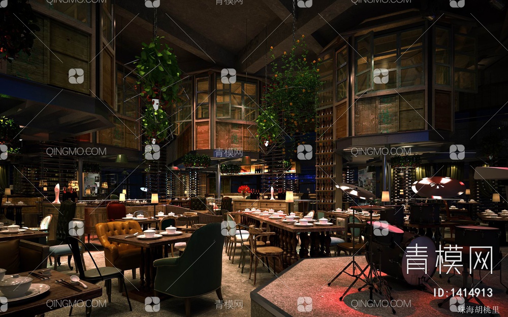 珠海胡桃里音乐餐厅CAD施工图+效果图 餐饮 特色餐厅 艺术餐厅 音乐餐厅【ID:1414913】