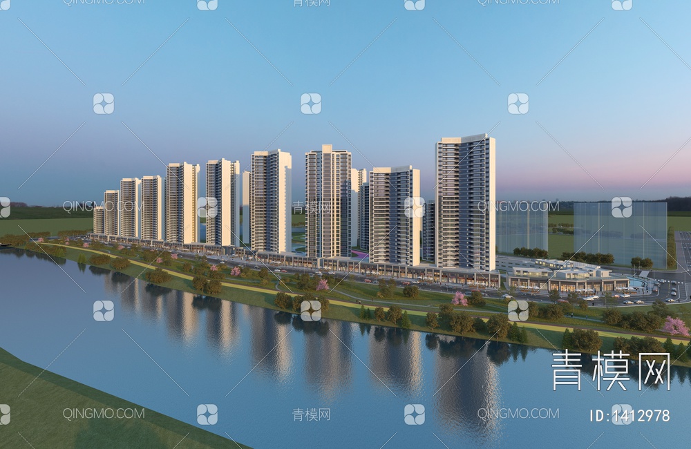 沿江半鸟瞰 住宅建筑3D模型下载【ID:1412978】