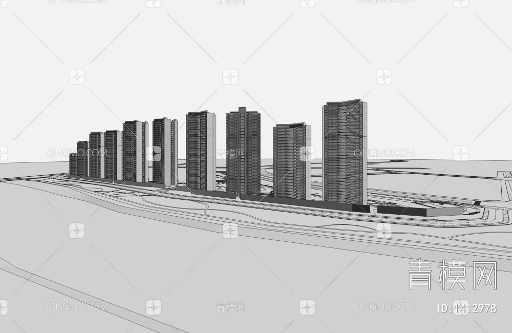 沿江半鸟瞰 住宅建筑3D模型下载【ID:1412978】