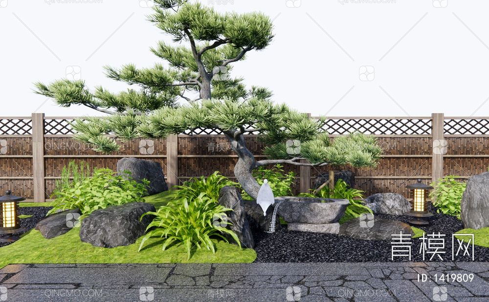 庭院景观造景 枯山水庭院 置石 景观石 水钵 松树 地灯 竹篱围栏3D模型下载【ID:1419809】