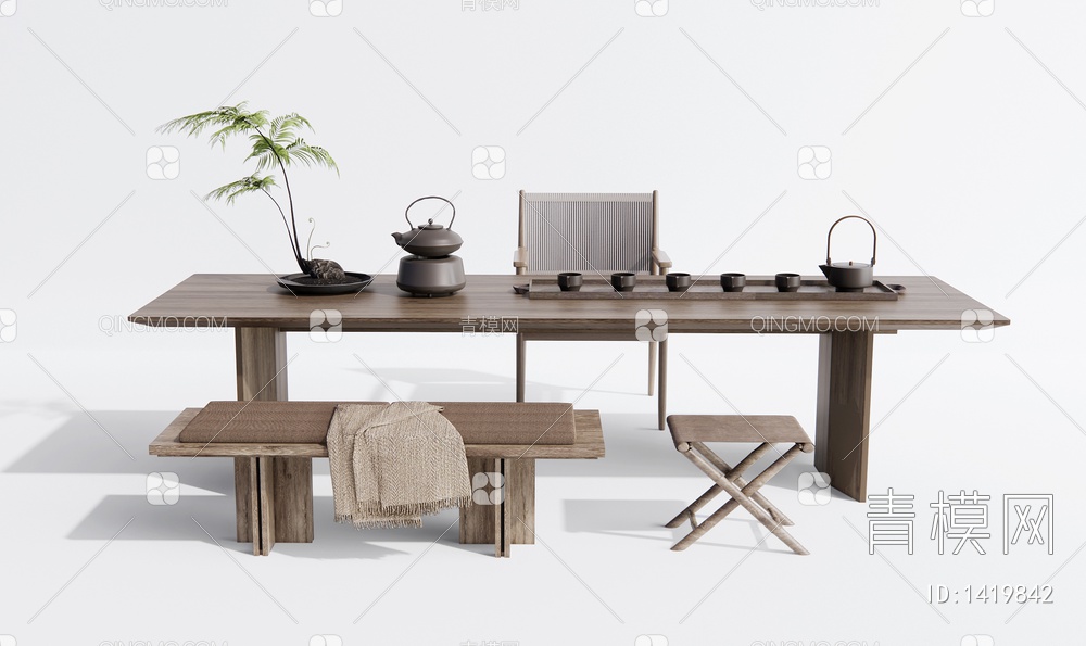 茶桌椅 茶台 坐凳 盆栽 休闲椅3D模型下载【ID:1419842】