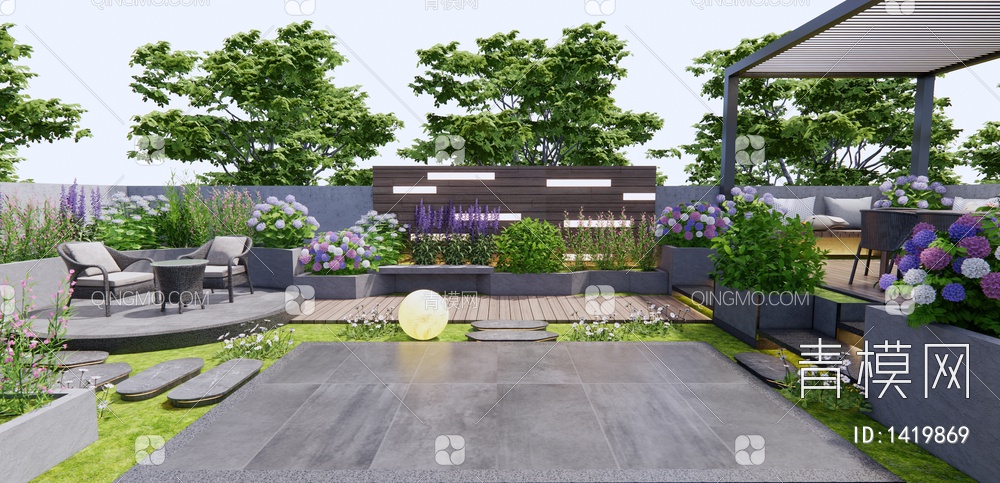 庭院花园 户外桌椅 廊架花架 庭院景墙 花草植物 花卉绿植 汀步3D模型下载【ID:1419869】