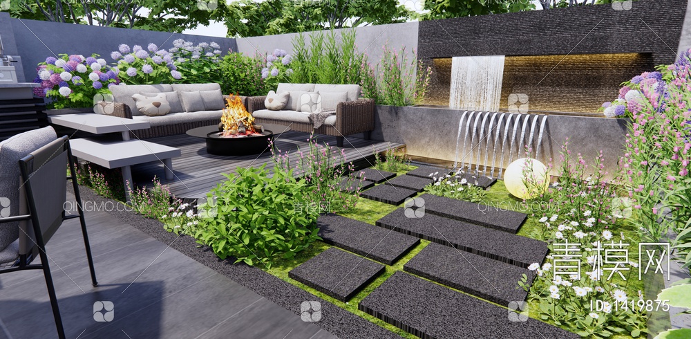 居家庭院花园 跌水景墙 户外桌椅 户外沙发 花草植物 花卉3D模型下载【ID:1419875】