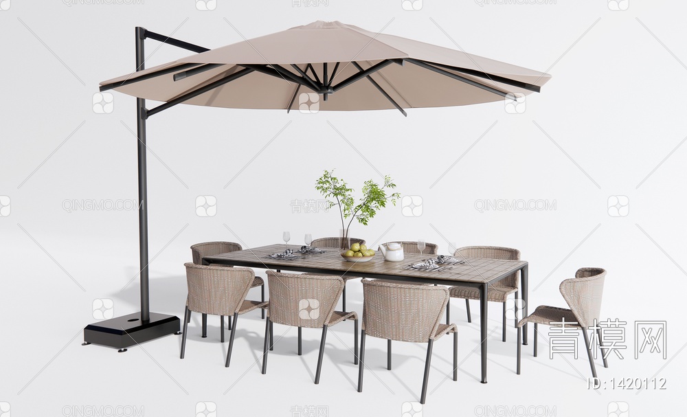 户外桌椅 餐桌椅 庭院户外桌椅 太阳伞SU模型下载【ID:1420112】