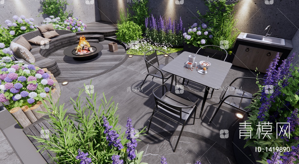 庭院花园 弧形景观座椅 花池 花草植物 花卉 户外桌椅3D模型下载【ID:1419890】