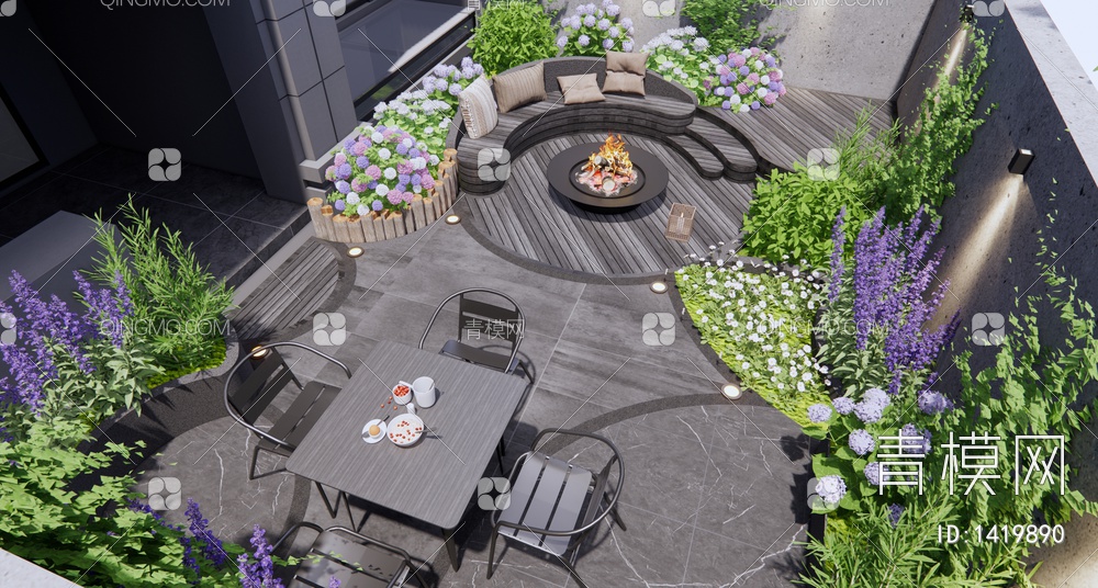 庭院花园 弧形景观座椅 花池 花草植物 花卉 户外桌椅3D模型下载【ID:1419890】