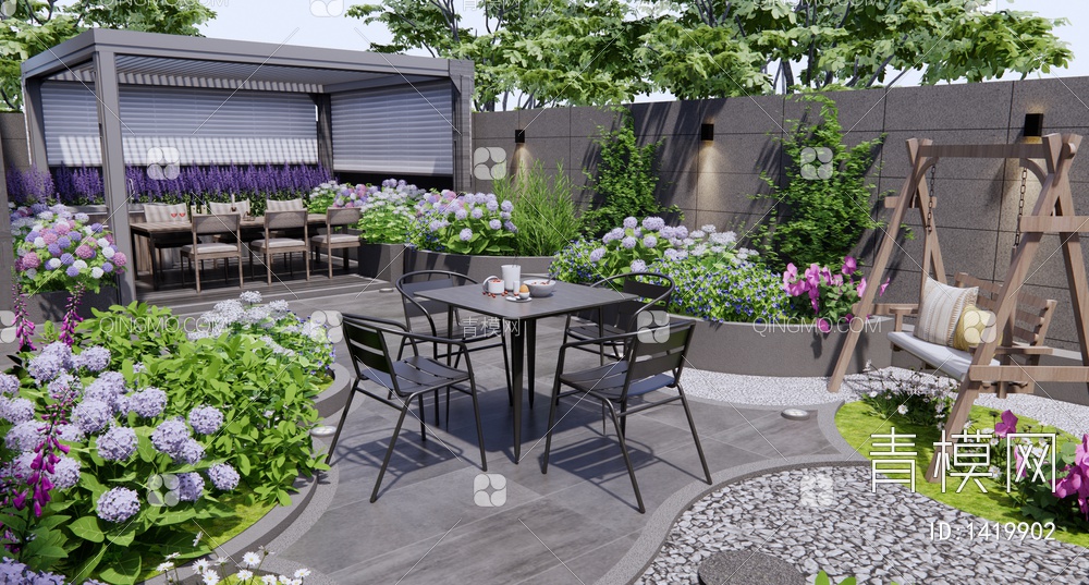 庭院景观 廊架花架 户外桌椅 花草植物 花卉 植物堆景观3D模型下载【ID:1419902】