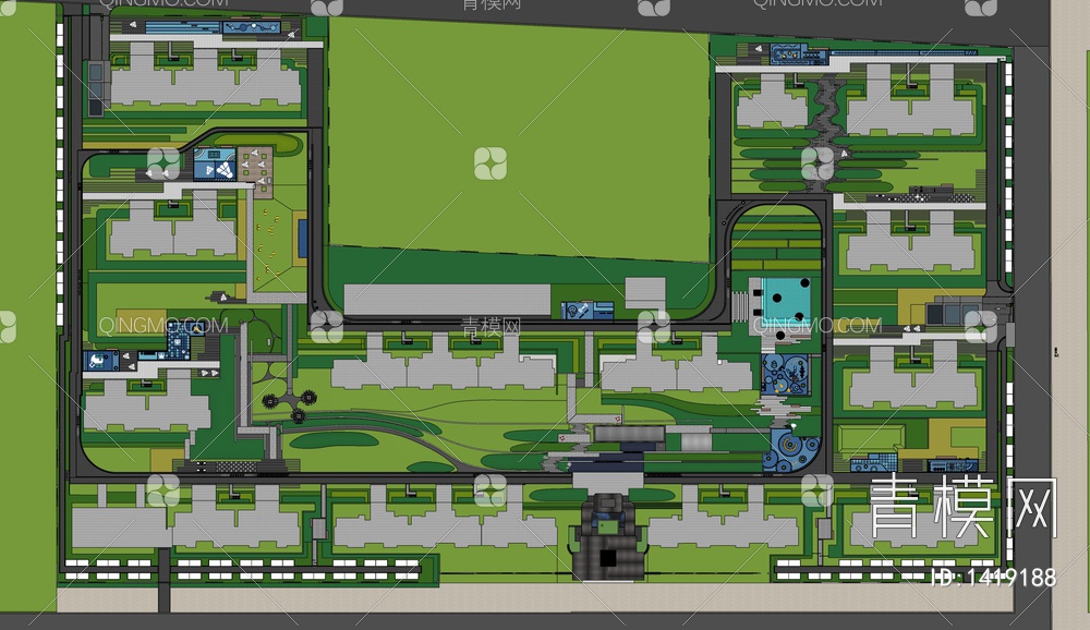 居住区景观 儿童活动区 廊架 消防登高场地SU模型下载【ID:1419188】