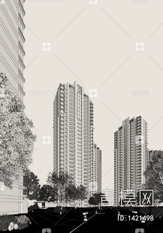 小区住宅， 住宅景观3D模型下载【ID:1421498】