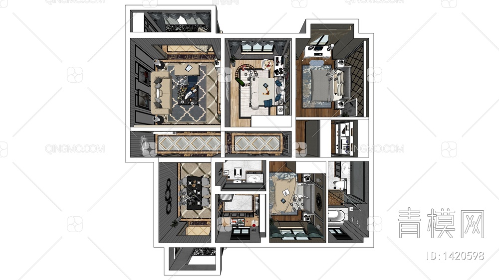 整套户型SU模型下载【ID:1420598】