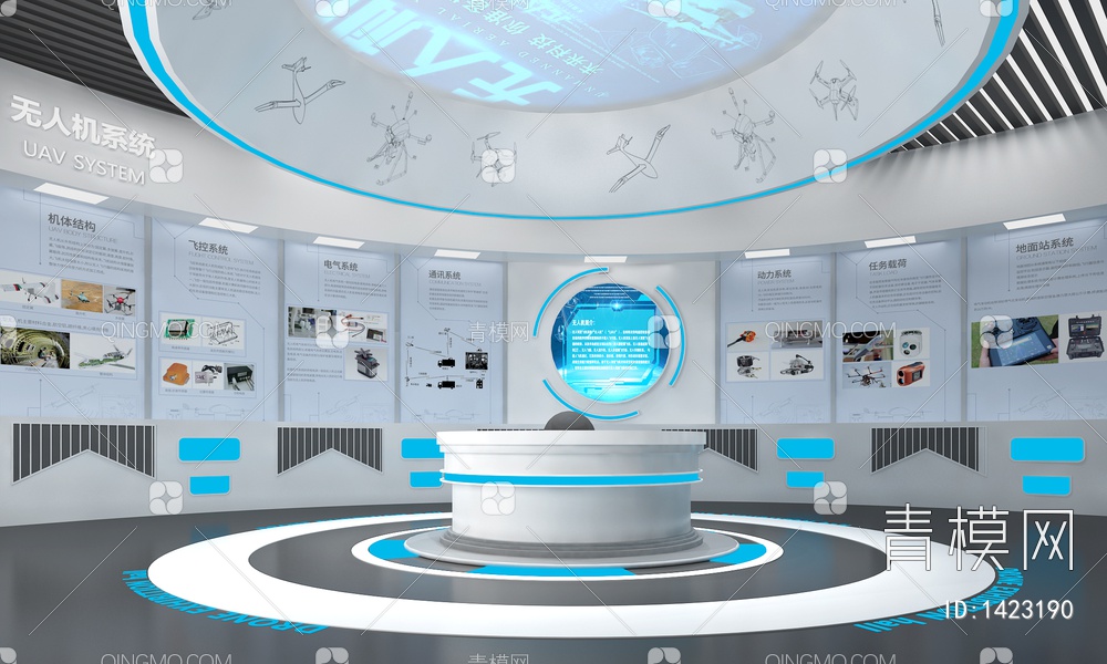 科技无人机展厅 无人机 LED拼接大屏 透明屏 互动触摸一体机3D模型下载【ID:1423190】