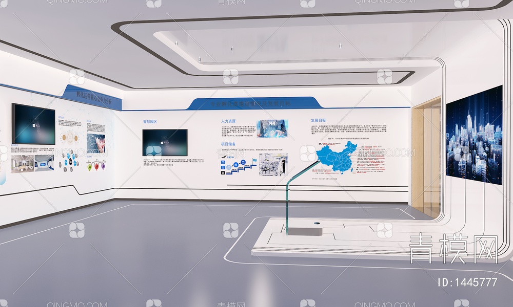 科技企业展厅 互动触摸一体机 中国地图 接待台 LED拼接大屏3D模型下载【ID:1445777】