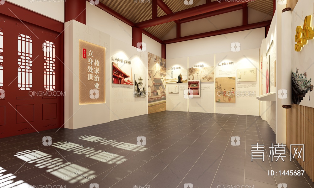 廉政文化展厅 文物展示柜 卷轴 廉政展板3D模型下载【ID:1445687】
