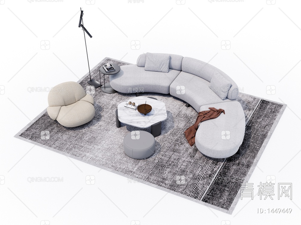 弧形沙发茶几组合SU模型下载【ID:1449449】