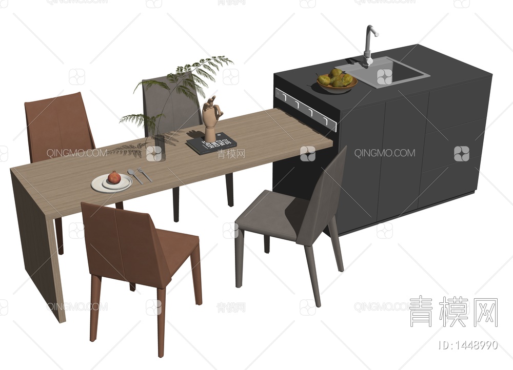 餐桌吧台组合 中岛台 吧台SU模型下载【ID:1448990】