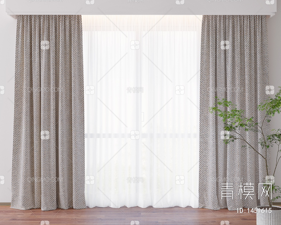 室内窗帘，纱帘，盆栽植物3D模型下载【ID:1451615】