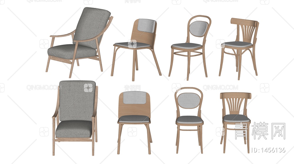 实木椅子 单椅 休闲椅 餐椅 椅子组合SU模型下载【ID:1456136】