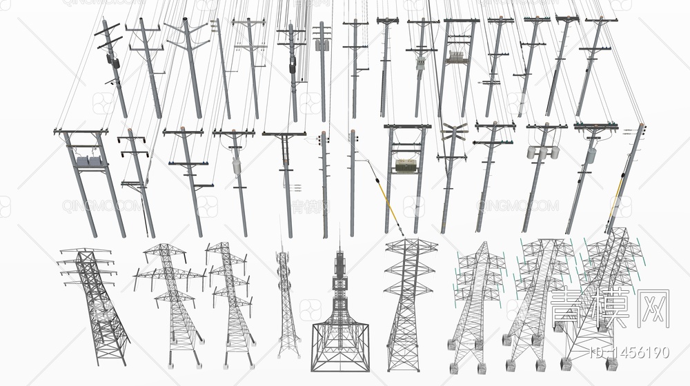 电线杆 高压线 高压电塔 信号塔SU模型下载【ID:1456190】