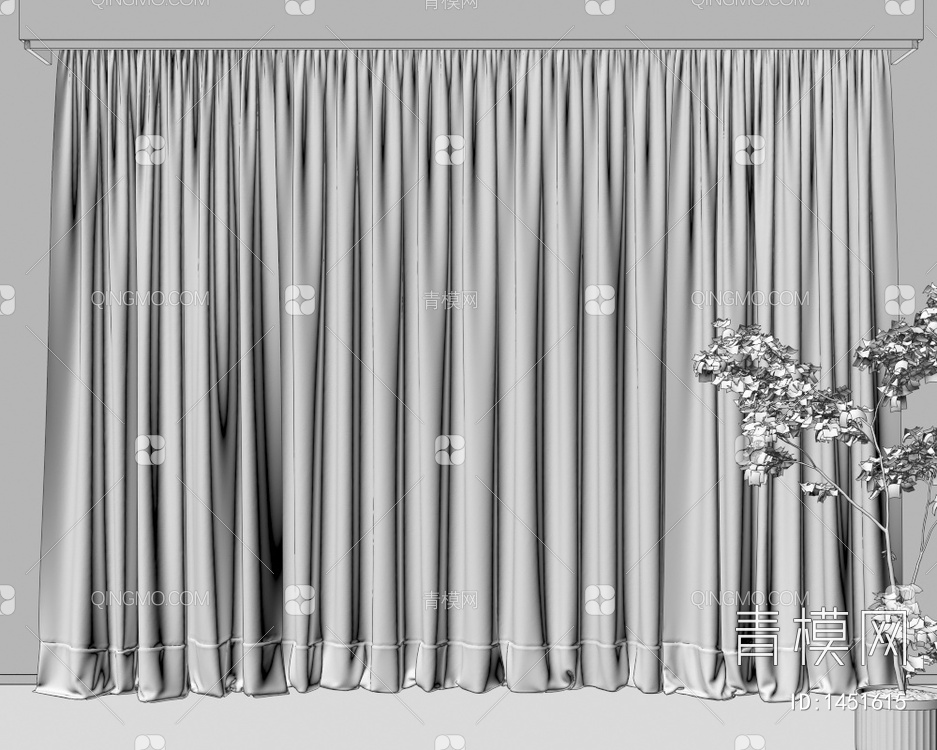 室内窗帘，纱帘，盆栽植物3D模型下载【ID:1451615】