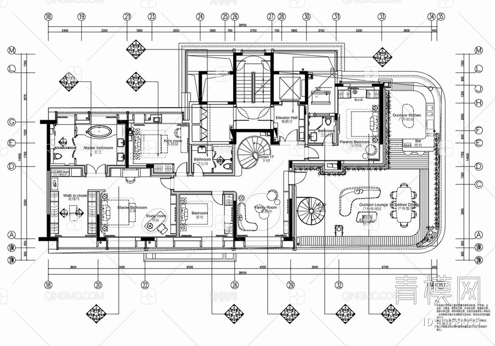 500㎡复式两层家装CAD施工图  豪宅 私宅 洋房 样板房 家装+效果图+方案文本+物料表【ID:1458035】
