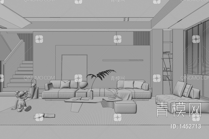 客厅 奶油风客厅 客厅 三人沙发 茶几 楼梯 酒柜 画 落地灯3D模型下载【ID:1452713】