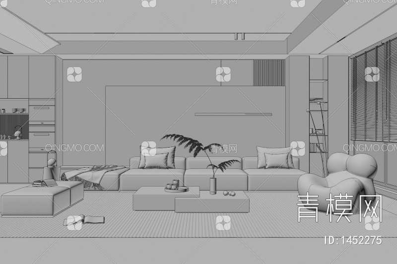 客厅 奶油风客厅 客厅 三人沙发 茶几 单人沙发  画 落地灯3D模型下载【ID:1452275】