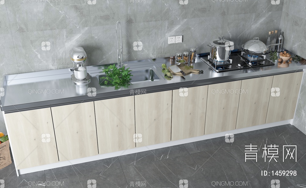 厨房，橱柜，不锈钢台面，大单槽，厨房用品3D模型下载【ID:1459298】