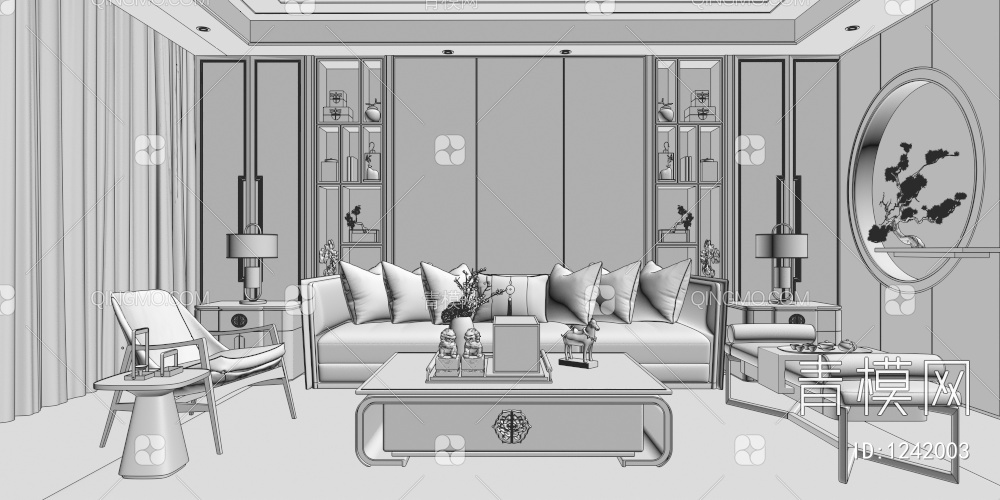客厅，沙发，茶几，沙发背景墙3D模型下载【ID:1242003】