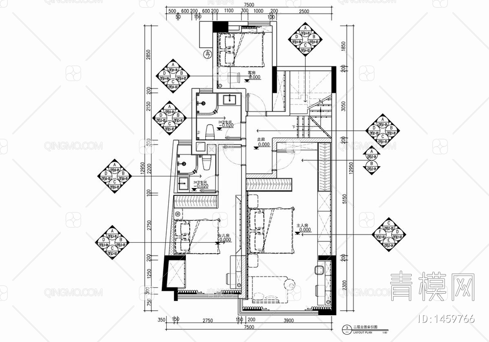 170㎡复式跃层家装CAD施工图 私宅 洋房 样板房 家装  跃层【ID:1459766】