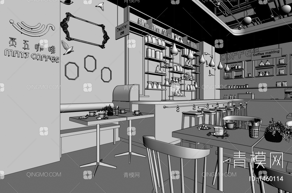 咖啡店 休闲桌椅组合 吧台吧椅 装饰吊柜 咖啡高柜 咖啡机 收银台3D模型下载【ID:1460114】
