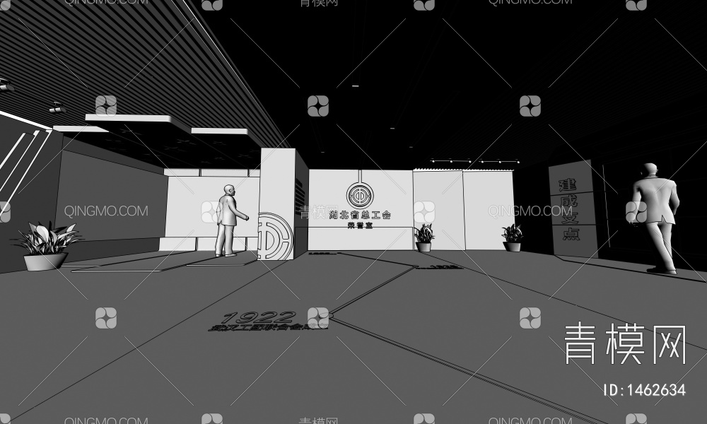 党建展厅 LED拼接大屏 荣誉柜 城市剪影3D模型下载【ID:1462634】