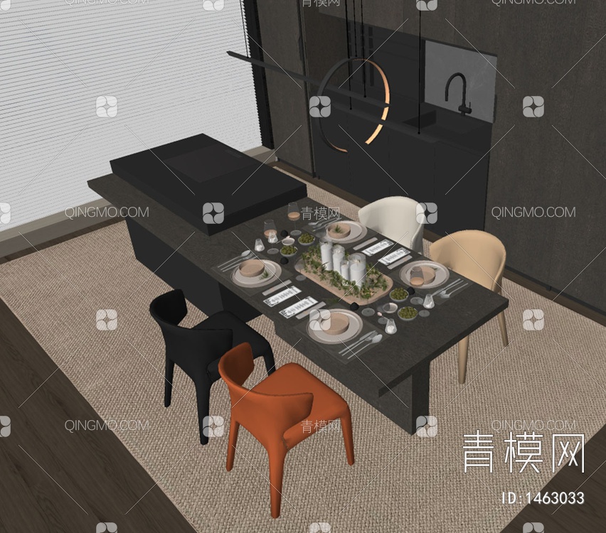 餐桌椅组合SU模型下载【ID:1463033】