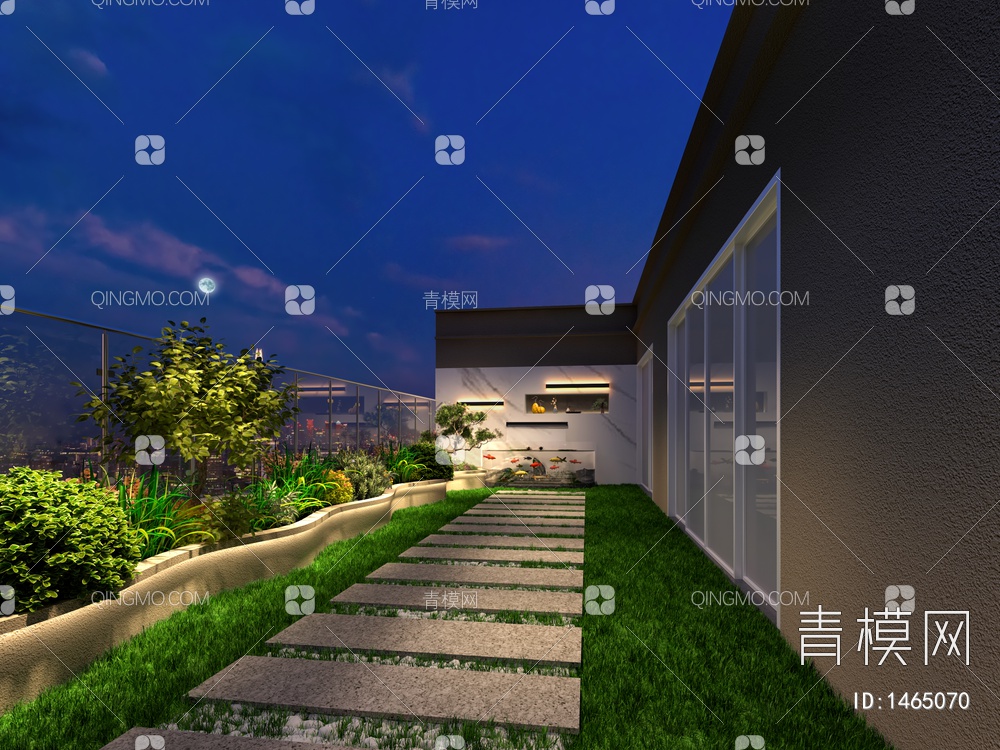 露天阳台，夜晚阳台，阳台外景3D模型下载【ID:1465070】