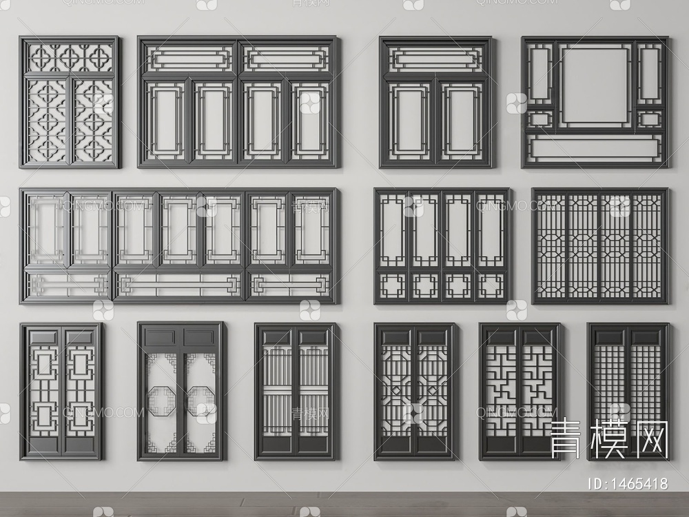 花格门窗 镂空花格 隔断 仿古门SU模型下载【ID:1465418】