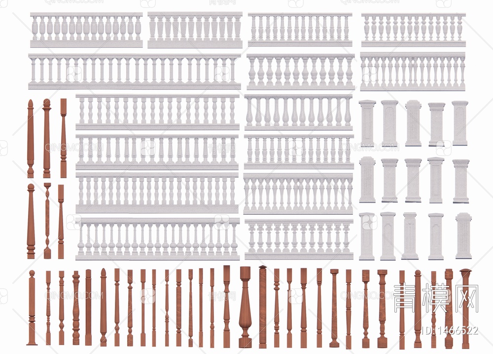 阳台栏杆 宝瓶柱子 楼梯扶手 扶手 栏杆护栏 柱子 立柱SU模型下载【ID:1466522】