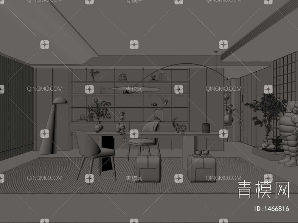 书房 书柜 书桌 单椅3D模型下载【ID:1466816】