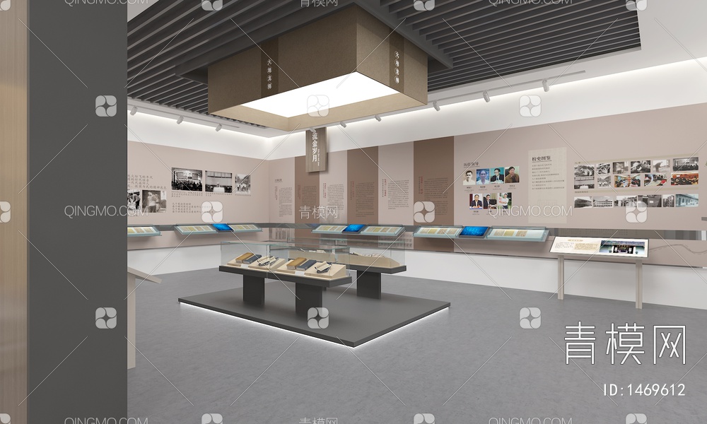 校史馆 序厅形象墙 展示柜 互动触摸一体机3D模型下载【ID:1469612】