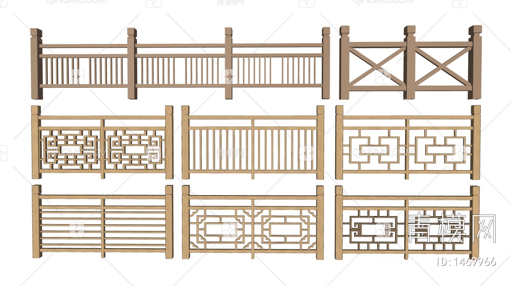 木栏杆 木扶手 护栏 栏杆组合SU模型下载【ID:1469966】
