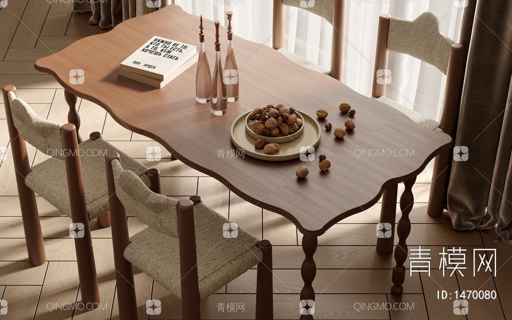 餐桌椅组合_木地板_窗帘_纱帘3D模型下载【ID:1470080】