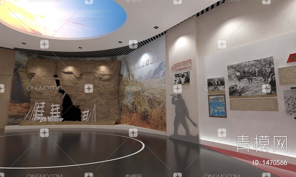 党建革命展厅 革命浮雕墙 玻璃展示柜 互动触摸一体机 历史文化3D模型下载【ID:1470566】
