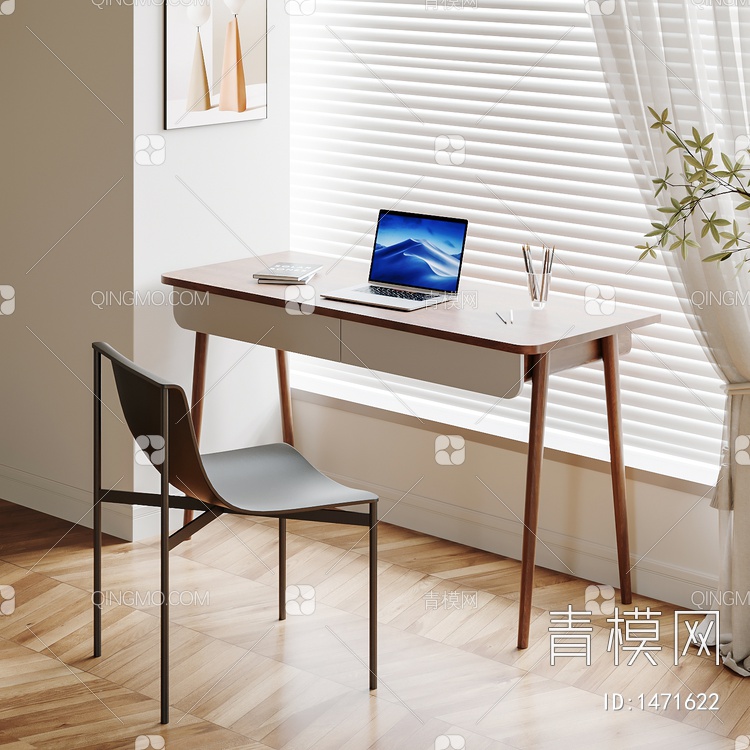 书桌椅组合 书桌 桌子 饰品 摆件3D模型下载【ID:1471622】