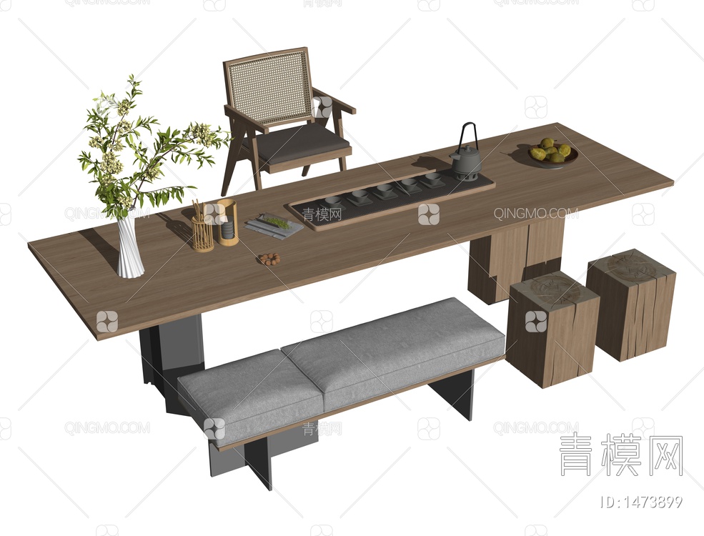 茶桌椅 茶台 原木茶桌 茶具SU模型下载【ID:1473899】