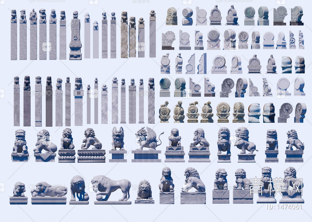 石狮子 麒麟 石像 貔貅 神兽雕塑小品 抱鼓石  石雕门墩 拴马桩SU模型下载【ID:1474061】