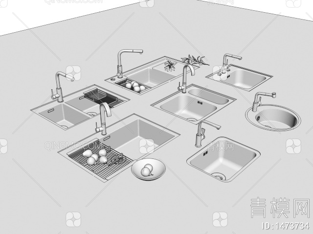 厨房嵌入式水槽 洗菜盆 水龙头3D模型下载【ID:1473734】