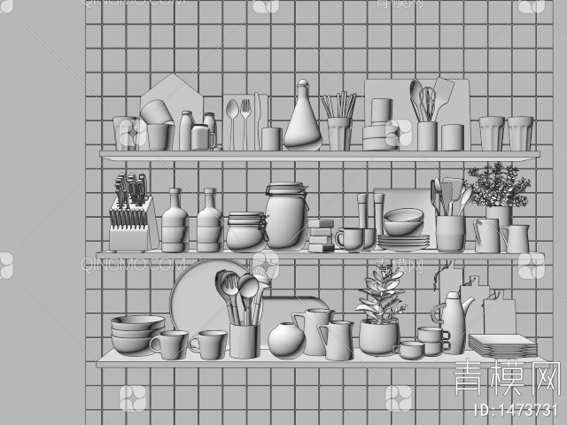 厨房用品 碗碟调味瓶 厨具 瓶瓶罐罐3D模型下载【ID:1473731】