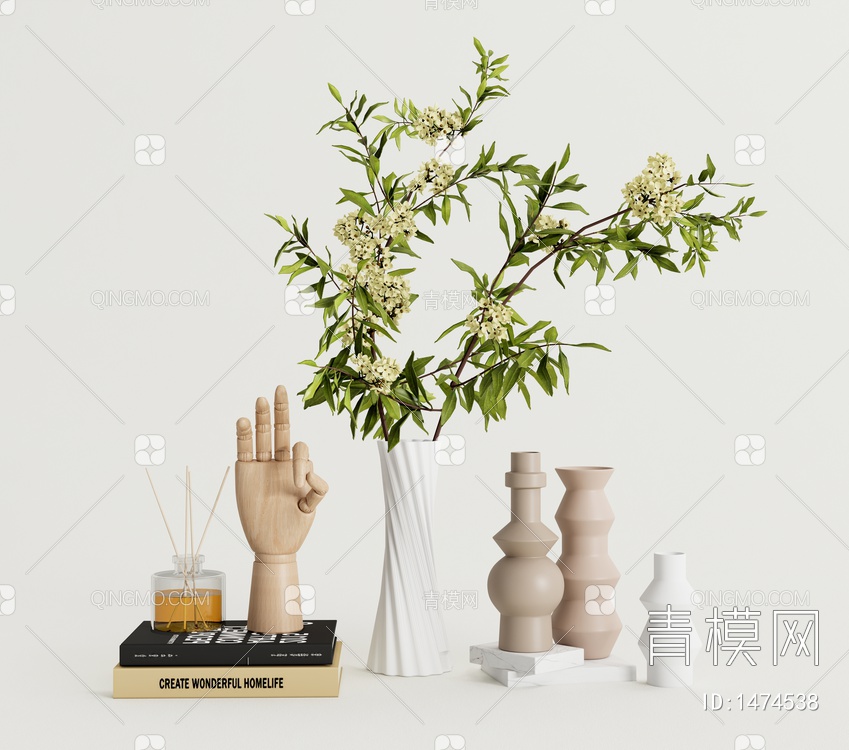 花瓶 花瓶花艺 书本摆件3D模型下载【ID:1474538】