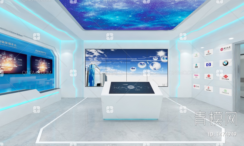 科技企业展厅 互动触摸一体机 LED拼接大屏 LOGO墙 荣誉墙3D模型下载【ID:1474949】