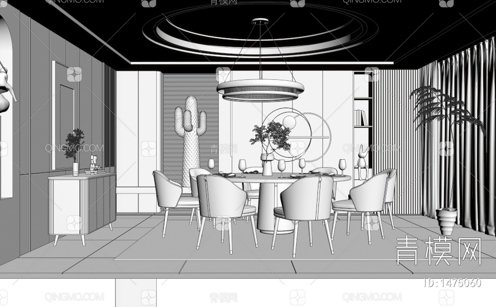 餐厅包间 圆形餐桌椅 餐边柜 吊灯3D模型下载【ID:1475060】