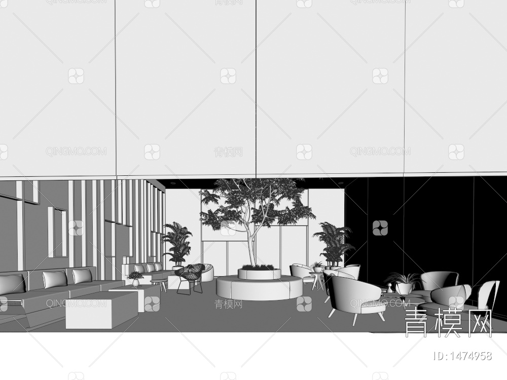 休闲区 沙发茶几组合 休闲桌椅组合 造型树沙发 绿植造型墙3D模型下载【ID:1474958】