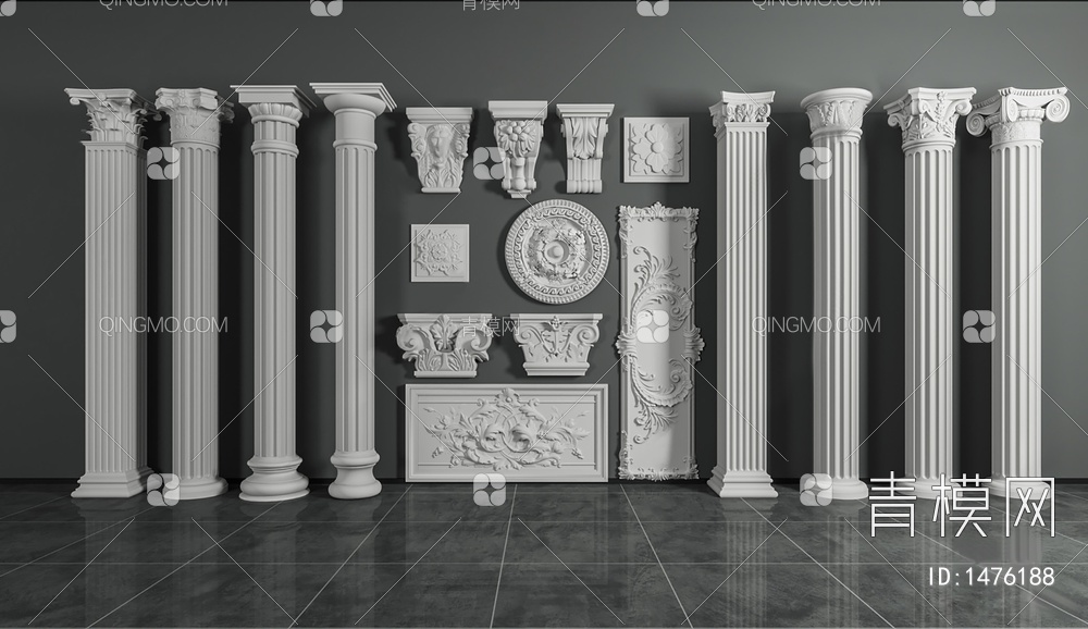 石膏罗马柱雕花柱头组合3D模型下载【ID:1476188】